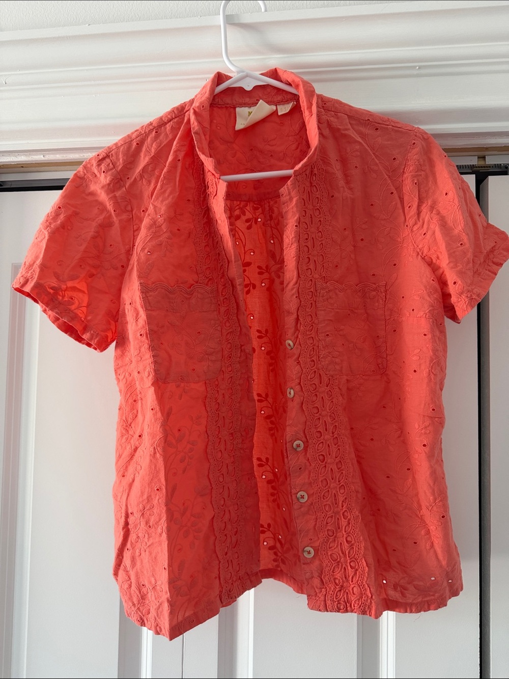 Anthropologie Coral Eyelet Button-Front Short Sleeve Top - Salmon / Coral color